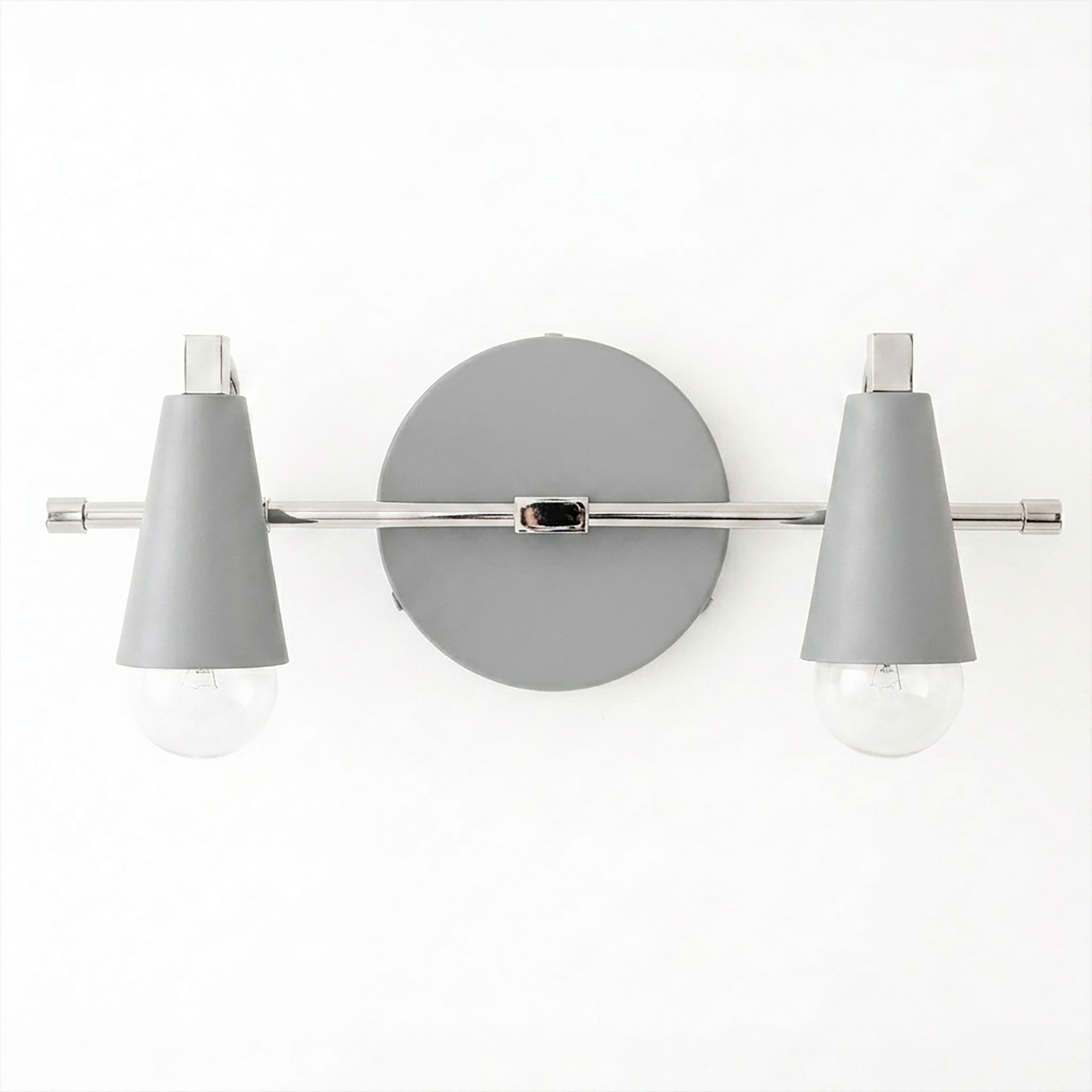 Scandinavian-style 2-bulb vanity light with matte gray conical shades and chrome accents. - VANITY LIGHT MODEL NO. 1229