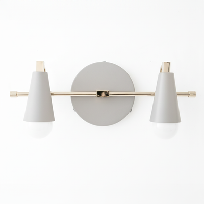 Industrial-style vanity light with matte gray conical shades and brass horizontal bar mount. - VANITY LIGHT MODEL NO. 1229