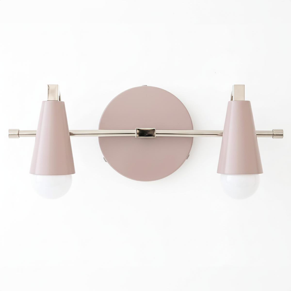 Modern vanity light with two conical pink metal shades and brushed nickel horizontal bar and round backplate. - VANITY LIGHT MODEL NO. 1229