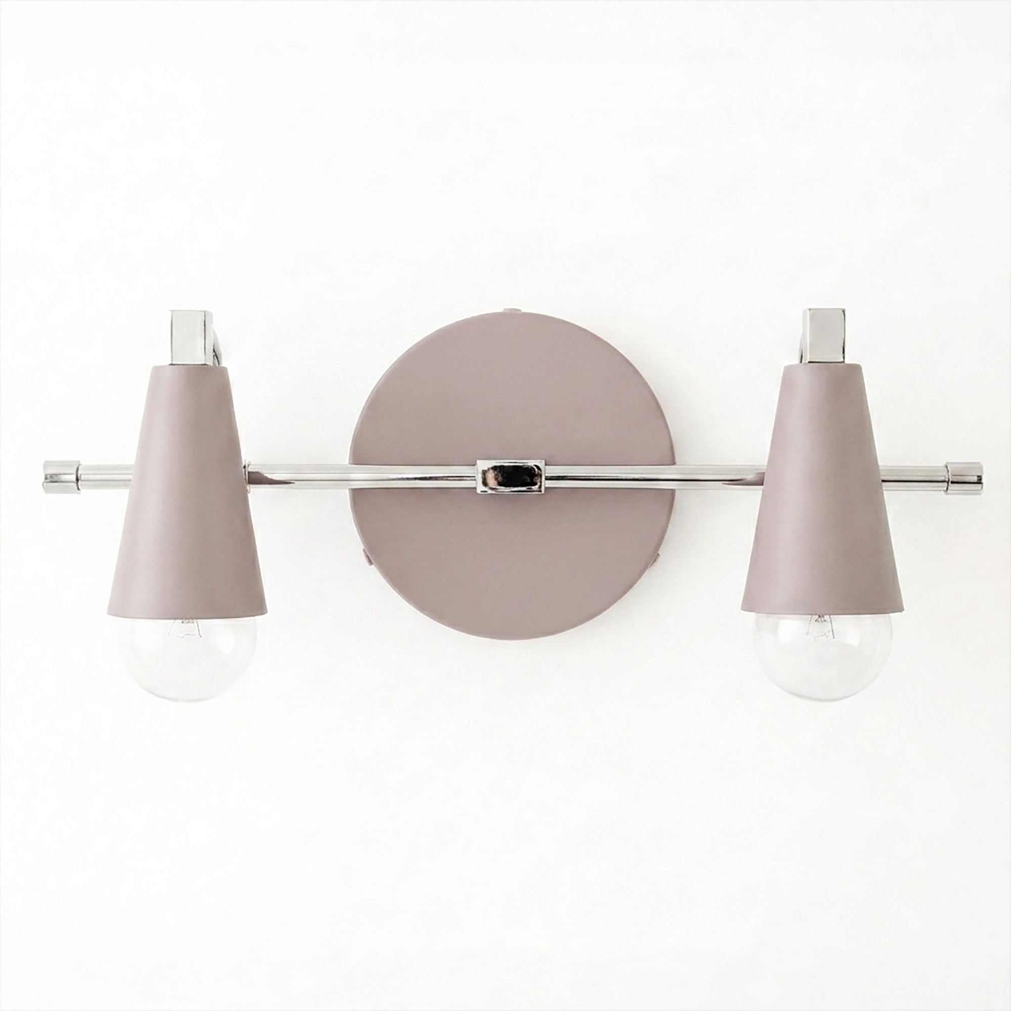 Scandinavian-style vanity light with matte taupe conical shades and two exposed bulbs on a chrome horizontal bar and round. - VANITY LIGHT MODEL NO. 1229
