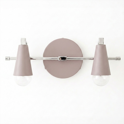 Scandinavian-style vanity light with matte taupe conical shades and two exposed bulbs on a chrome horizontal bar and round. - VANITY LIGHT MODEL NO. 1229