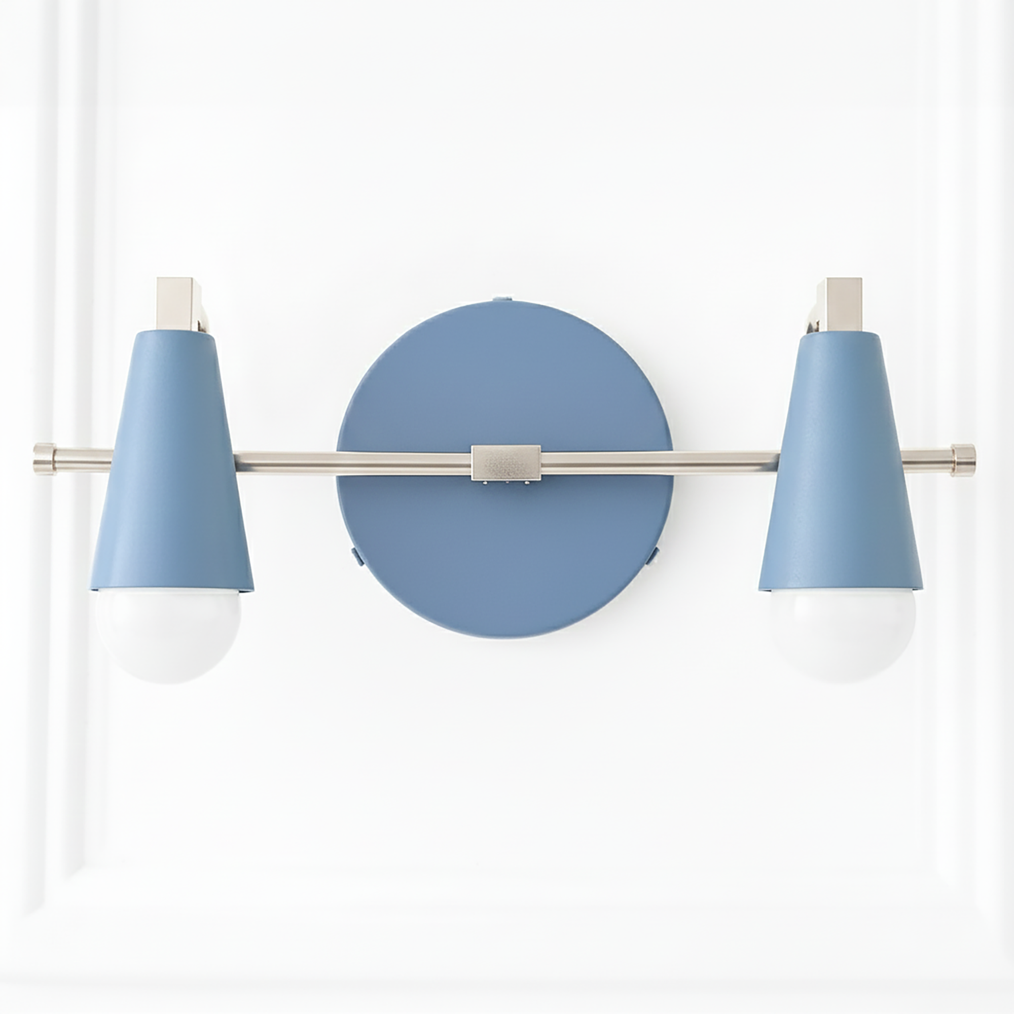 Industrial-style vanity light with two blue cone-shaped metal shades and exposed bulbs on a brushed metal horizontal bar,. - VANITY LIGHT MODEL NO. 1229