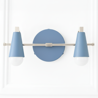 Industrial-style vanity light with two blue cone-shaped metal shades and exposed bulbs on a brushed metal horizontal bar,. - VANITY LIGHT MODEL NO. 1229