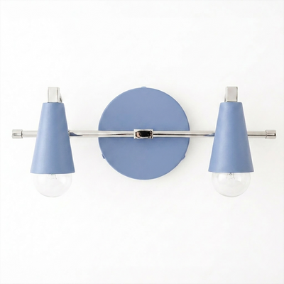 Scandinavian-style vanity light with two exposed bulbs, blue conical shades, and chrome-finished metal fixture. - VANITY LIGHT MODEL NO. 1229