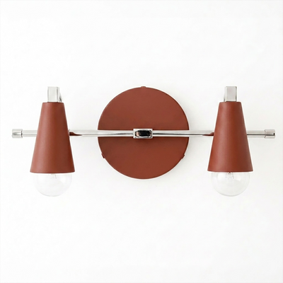 Scandinavian style two-bulb vanity light with rust-colored conical shades and chrome horizontal bar. - VANITY LIGHT MODEL NO. 1229