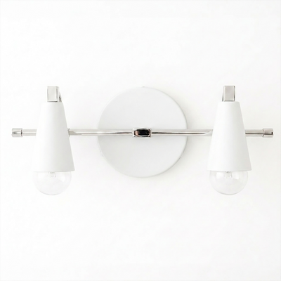 Scandinavian-style 2-bulb vanity light with white cone-shaped shades and chrome metal bar mounting on round wall plate. - VANITY LIGHT MODEL NO. 1229