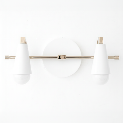 Two-bulb vanity light with white conical shades and brushed nickel horizontal bar mounted on round white base. - VANITY LIGHT MODEL NO. 1229