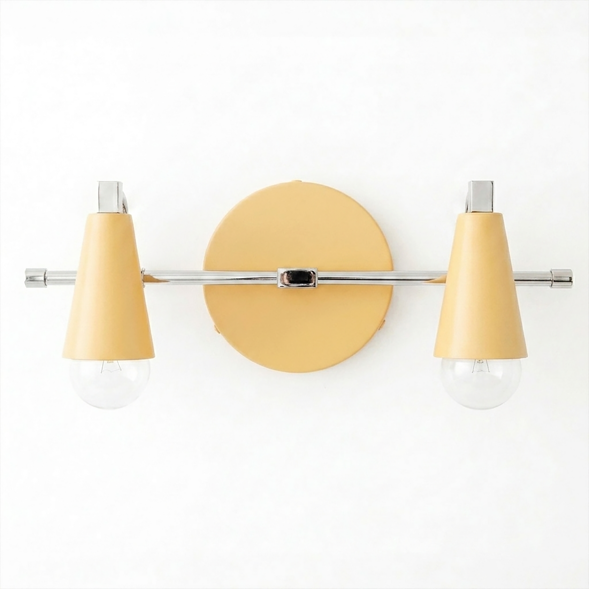 Scandinavian-style 2-bulb vanity light with yellow cone shades and chrome horizontal bar. - VANITY LIGHT MODEL NO. 1229