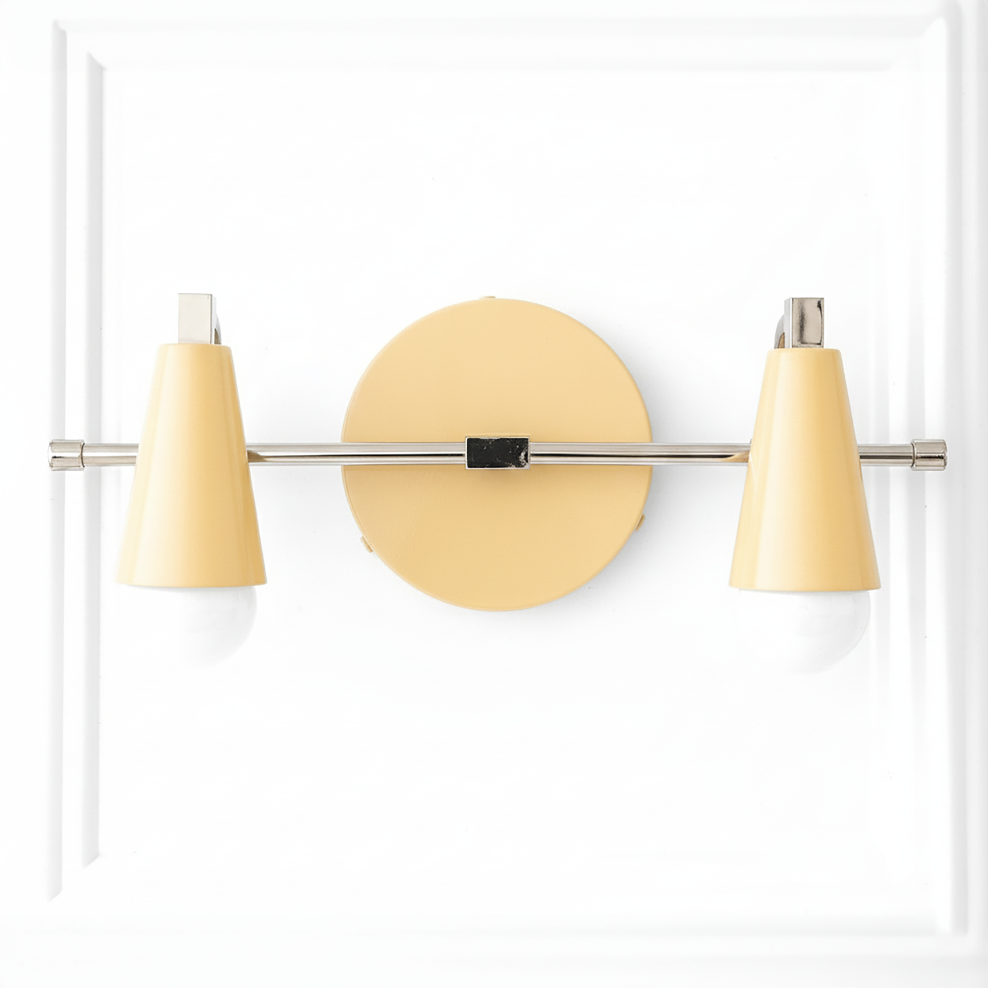 Cream-colored conical shades with a horizontal brushed nickel rod and round wall mount vanity light with two bulbs. - VANITY LIGHT MODEL NO. 1229