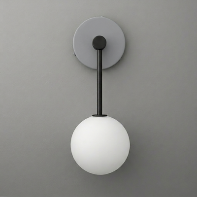 Wall sconce with matte black metal rod and round white frosted glass globe shade. - Sconce Model No. 5999