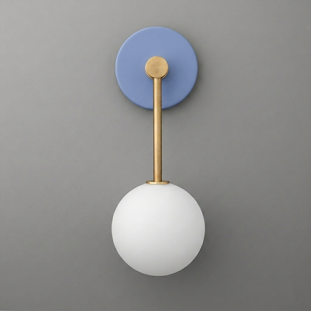Wall sconce with matte blue round base, brass rod, and frosted white globe shade. - Sconce Model No. 5999