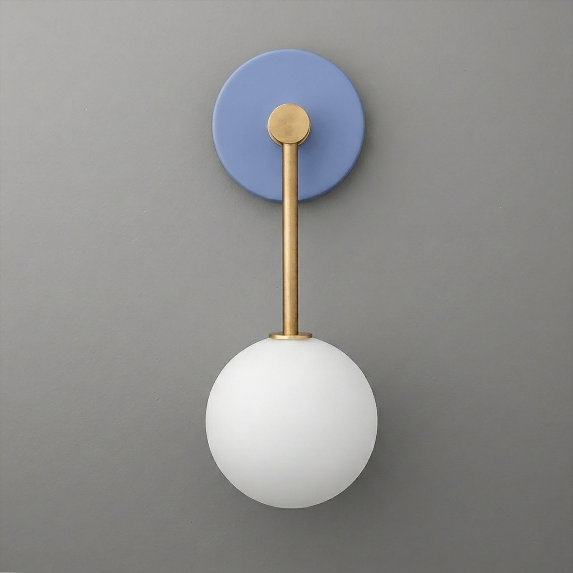 Wall sconce with matte blue round base, brass rod, and frosted white globe shade. - Sconce Model No. 5999