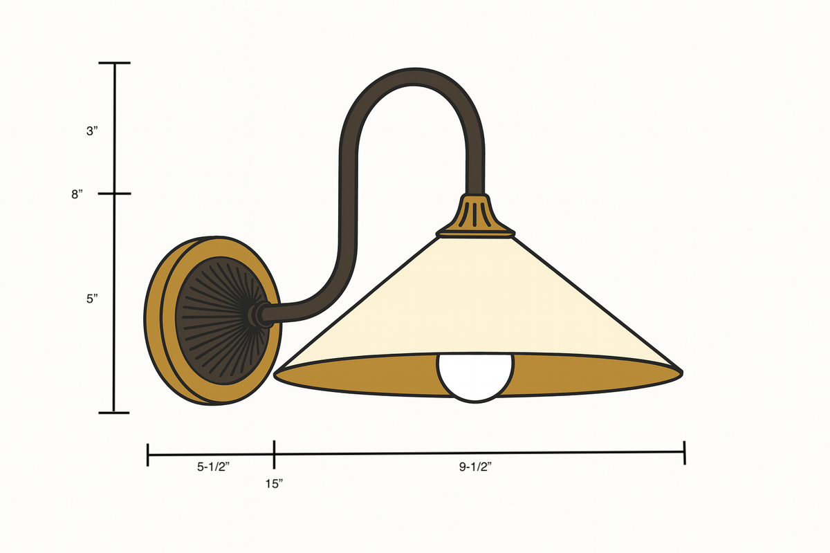 Wall-mounted sconce with dark curved metal arm, round bronze base, and wide beige conical shade. - SCONCE MODEL NO. 1055