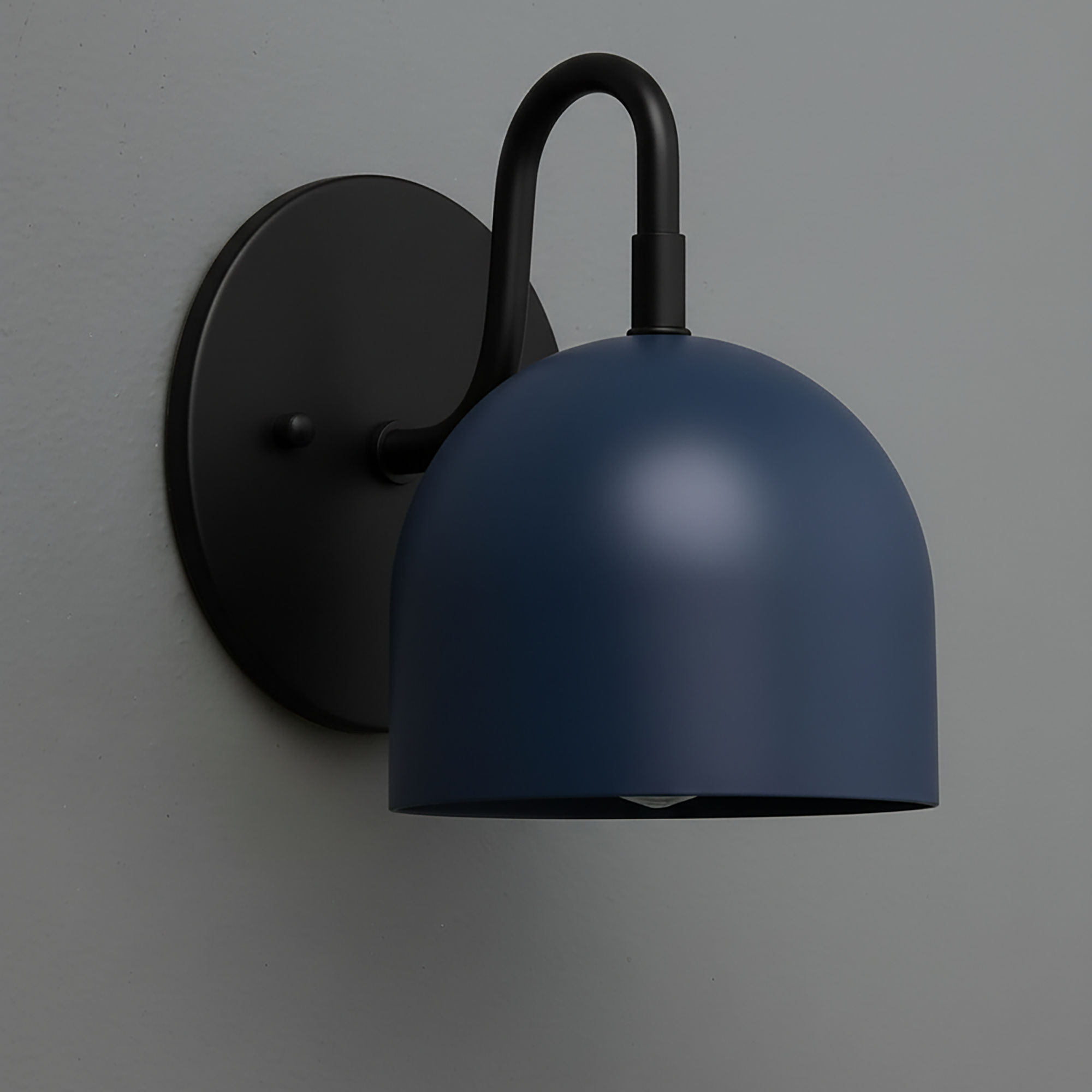 Matte black wall-mounted sconce with a curved arm and a deep navy blue dome-shaped shade. - Sconce Model No. 5416