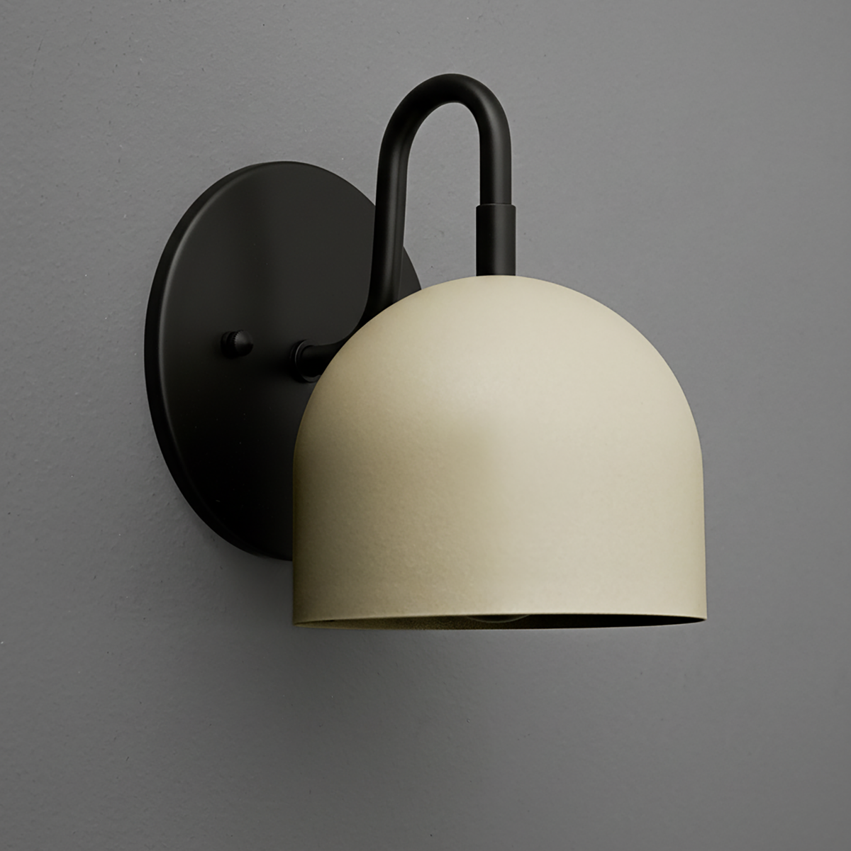 Black metal wall sconce with matte cream dome-shaped shade and rounded backplate. - Sconce Model No. 5416