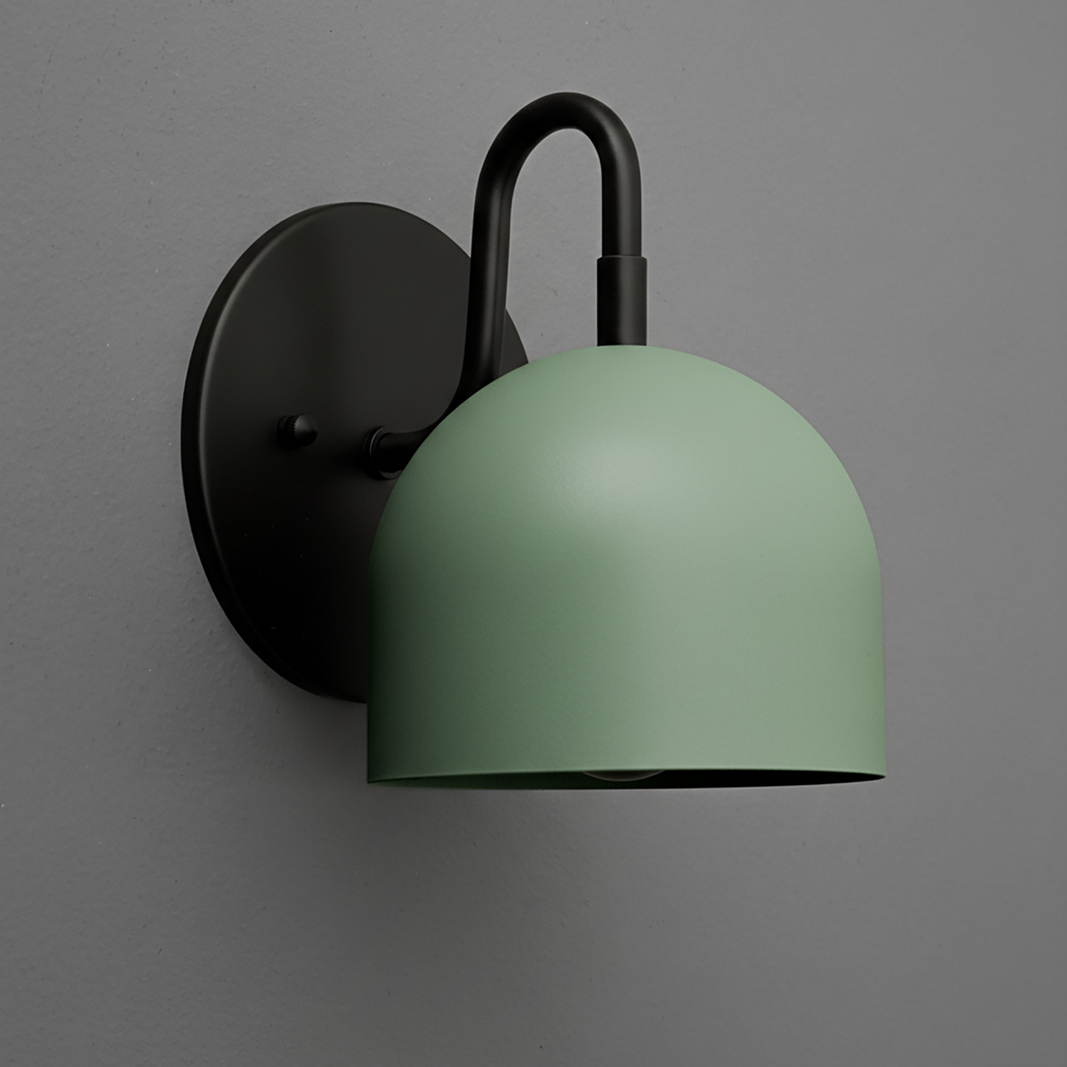 Matte black metal wall sconce with a curved arm and a mint green dome-shaped shade. - Sconce Model No. 5416