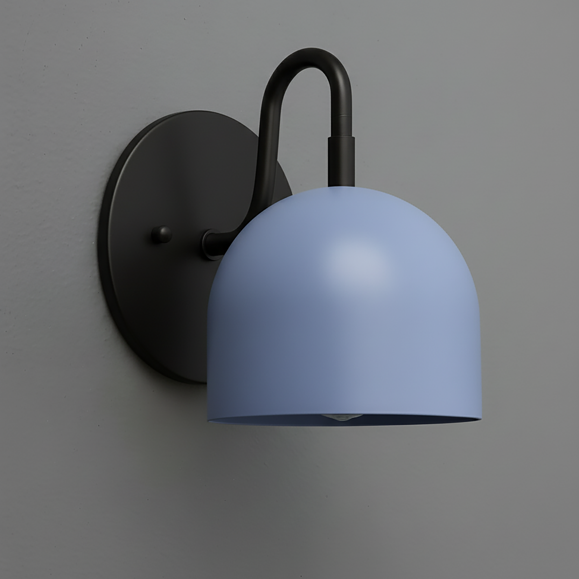 Matte black metal wall sconce with a smooth, rounded periwinkle blue shade from Deep Ball Collection. - Sconce Model No. 5416