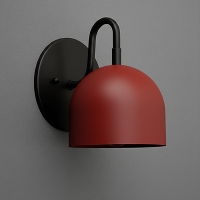 Matte black metal wall sconce with a dome-shaped deep red shade from the Deep Ball Collection. - Sconce Model No. 5416