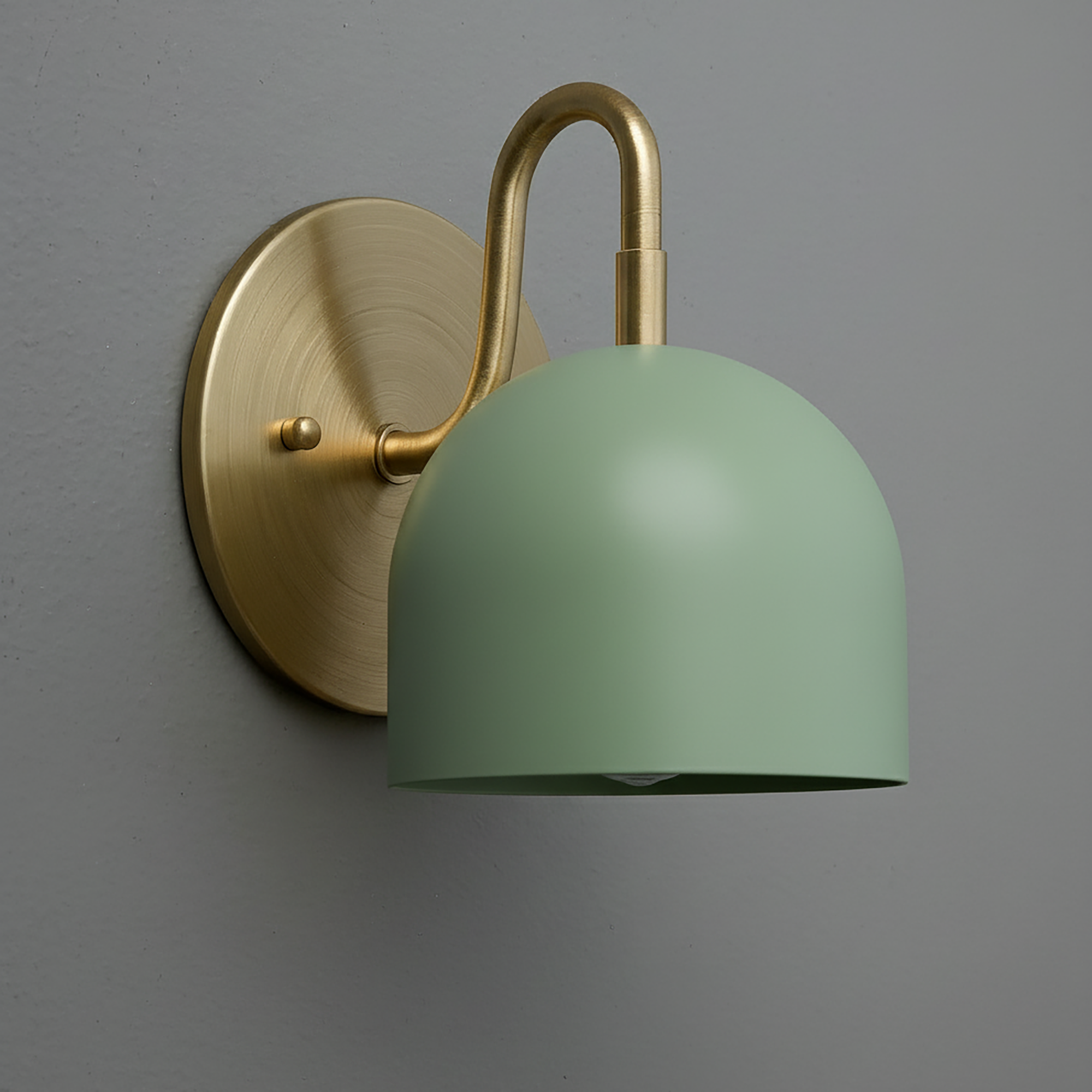 Matte green dome-shaped metal sconce with brushed brass arm and round wall plate. - Sconce Model No. 5416