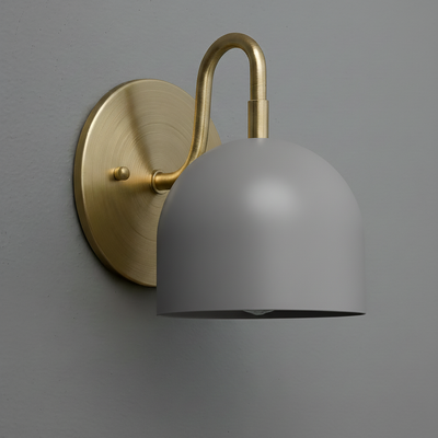 Matte gray dome-shaped metal shade sconce with brushed brass curved arm and round wall plate. - Sconce Model No. 5416