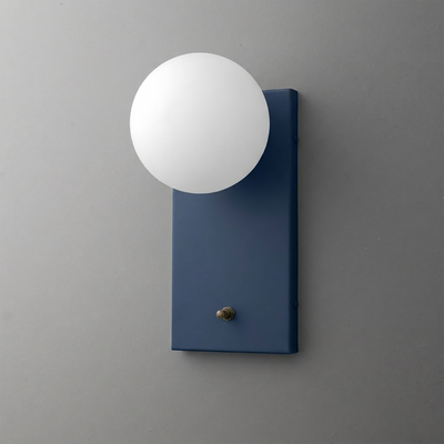 Matte navy rectangular metal sconce with white frosted glass globe shade and small brass knob. - Sconce Model No. 2196