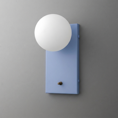 Wall sconce with matte blue rectangular metal backplate and white frosted glass globe shade, single bulb fixture. - Sconce Model No. 2196