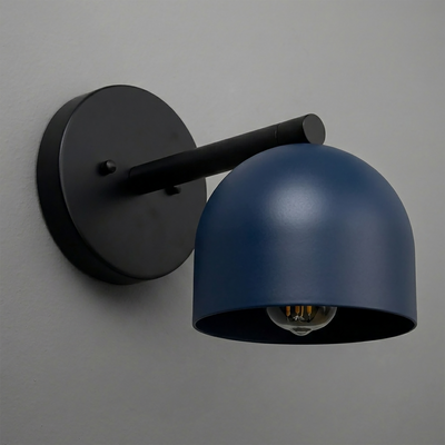 Matte black metal wall sconce with a deep blue dome-shaped shade and exposed bulb. - Sconce Model No. 5356
