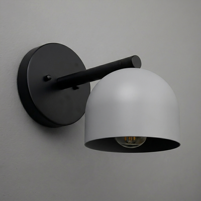 Black metal wall sconce with dome-shaped frosted white glass shade and single exposed bulb. - Sconce Model No. 5356