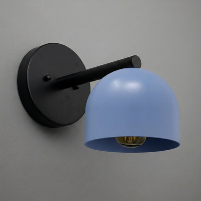 Black metal wall sconce with round backplate and light blue dome-shaped shade from Deep Ball Collection. - Sconce Model No. 5356