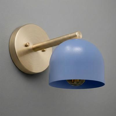 Brushed brass wall sconce with a blue dome-shaped metal shade and exposed bulb design. - Sconce Model No. 5356