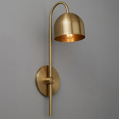 Brushed brass single-bulb wall sconce with dome-shaped shade and curved arm. - Sconce Model No. 7340