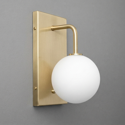 Brushed brass wall sconce with rectangular backplate and white frosted glass globe shade. - SCONCE MODEL NO. 9002