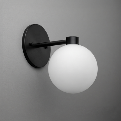 Matte black metal wall sconce with a single frosted white glass globe shade. - SCONCE MODEL NO. 2341