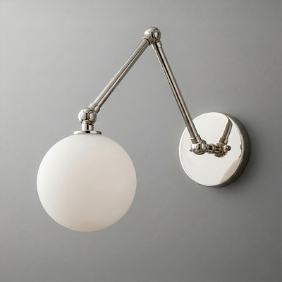 Wall-mounted sconce with polished chrome adjustable arm and frosted white glass globe shade. - SCONCE MODEL NO. 5202