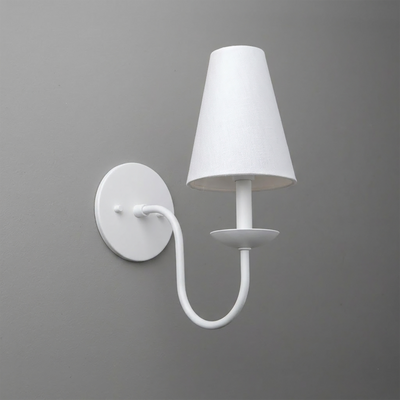 White metal wall sconce with curved arm and tapered fabric lampshade. - SCONCE MODEL NO. 7085