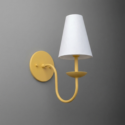 Yellow metal wall sconce with curved arm and white tapered fabric shade. - SCONCE MODEL NO. 7085
