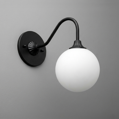 Black metal wall sconce with curved arm and frosted white glass globe shade. - SCONCE MODEL NO. 8263
