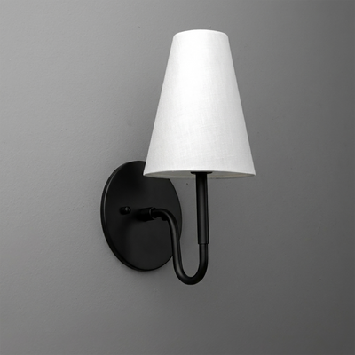 Black metal wall sconce with curved arm and white tapered fabric shade. - SCONCE MODEL NO. 1699