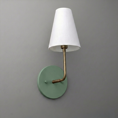 Wall sconce with round green metal base, brass arm, and white tapered fabric shade. - SCONCE MODEL NO. 3928