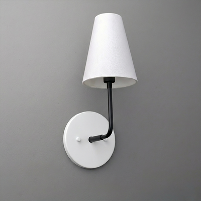 Black metal 1-bulb wall sconce with white tapered fabric shade and round white base. - SCONCE MODEL NO. 3928