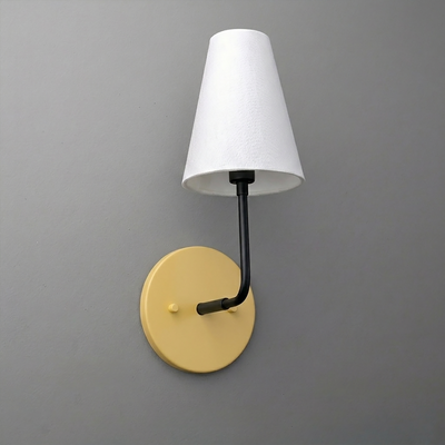 Wall sconce with matte yellow round base, black arm, and white tapered fabric shade. - SCONCE MODEL NO. 3928