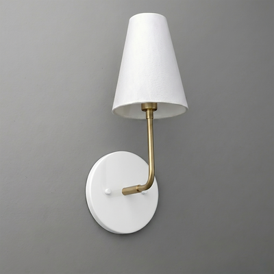 White round wall sconce with brass arm and tapered white fabric shade. - SCONCE MODEL NO. 3928