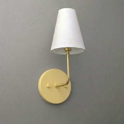 Matte gold metal wall sconce with round base and white tapered fabric shade. - SCONCE MODEL NO. 3928