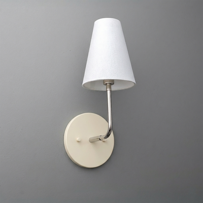Wall-mounted sconce with a white round base, chrome arm, and white tapered fabric shade. - SCONCE MODEL NO. 3928