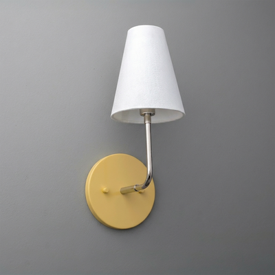 Yellow round metal wall sconce with white fabric tapered shade and silver arm. - SCONCE MODEL NO. 3928