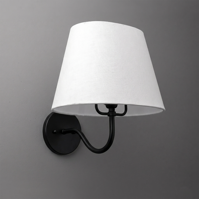 Black metal wall sconce with curved arm and white fabric tapered lampshade. - SCONCE MODEL NO. 0303