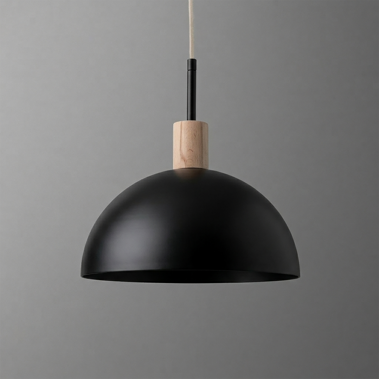 Matte black dome pendant light with natural wood accent and white cord. - PENDANT MODEL NO. 4610