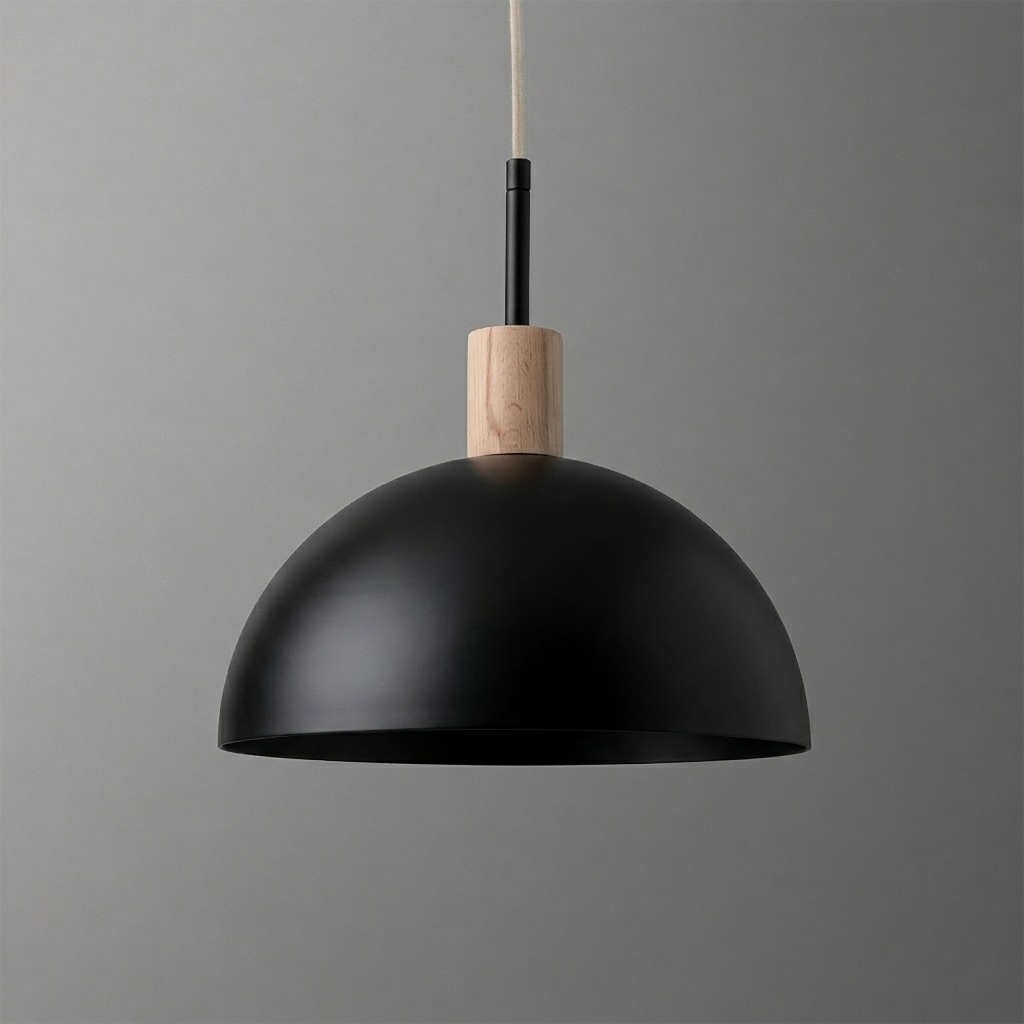 Matte black dome pendant light with natural wood accent and white cord. - PENDANT MODEL NO. 4610