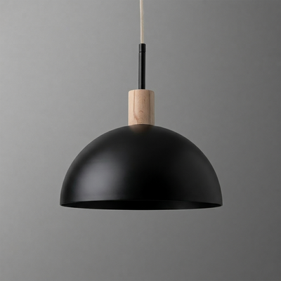 Matte black dome pendant light with natural wood accent and white cord. - PENDANT MODEL NO. 4610