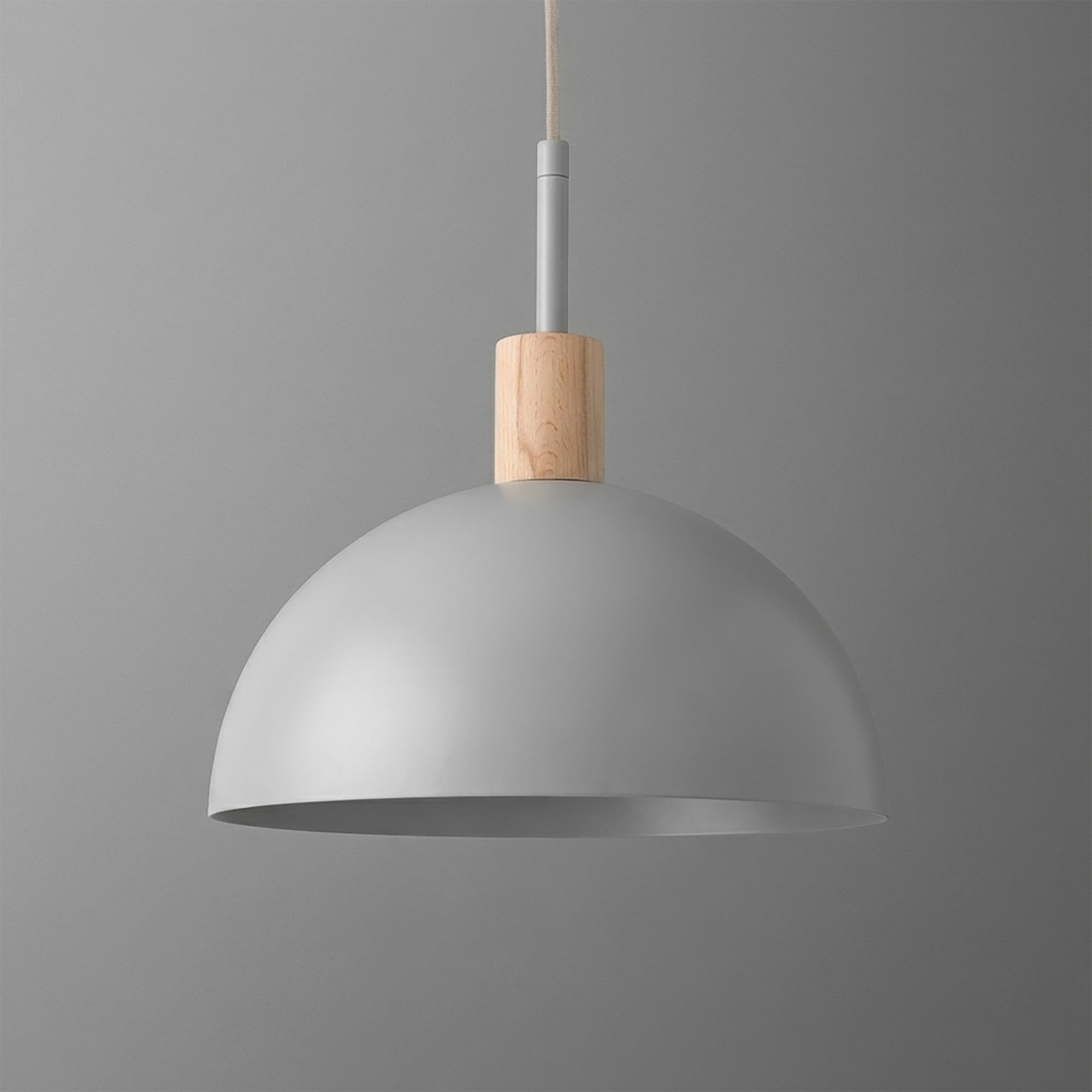 Matte gray dome pendant light with natural wood accent and white cord suspension. - PENDANT MODEL NO. 4610